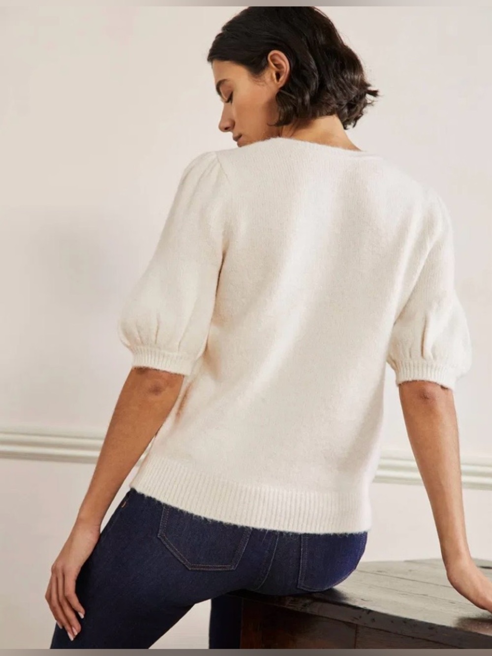 Ivory Embroidered Puff-Sleeve Cardigan Sweater - Picture 3 of 9